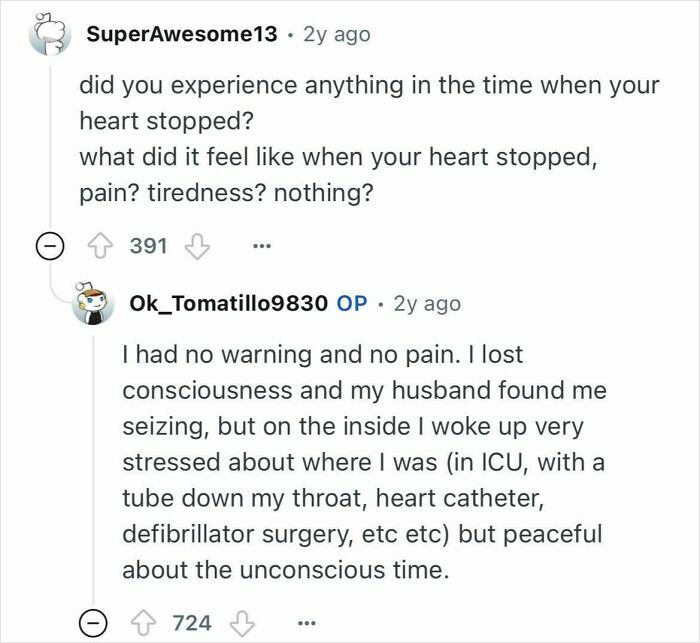 Reddit exchange showing a woman who died for 24 minutes describing her experience during unconsciousness after heart stopped.