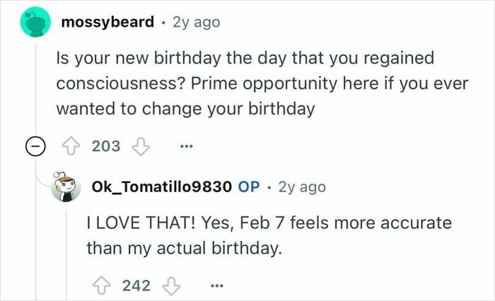 Text conversation showing a woman who died for 24 minutes discussing regaining consciousness and changing her birthday date.