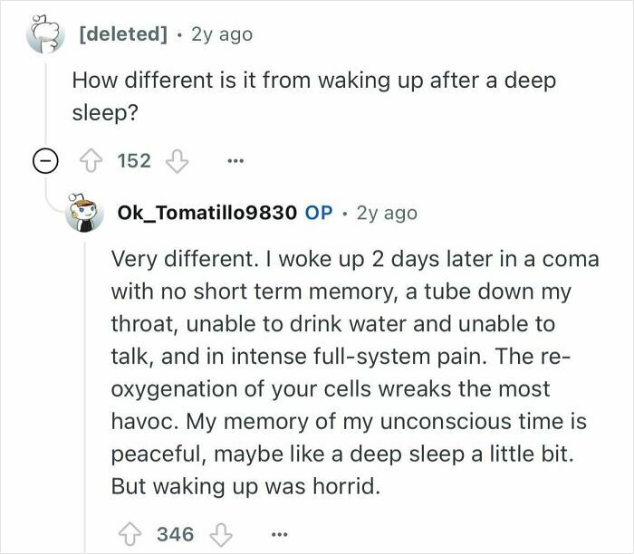 Reddit user describes waking up after 24 minutes dead, detailing pain, memory loss, and coma experience.