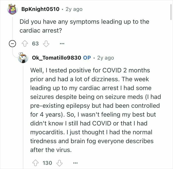Reddit user who died for 24 minutes shares symptoms and experience leading up to cardiac arrest after COVID and seizures.