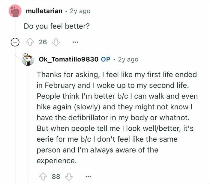 Reddit conversation showing a woman who died for 24 minutes describing her experience and answering people's questions.