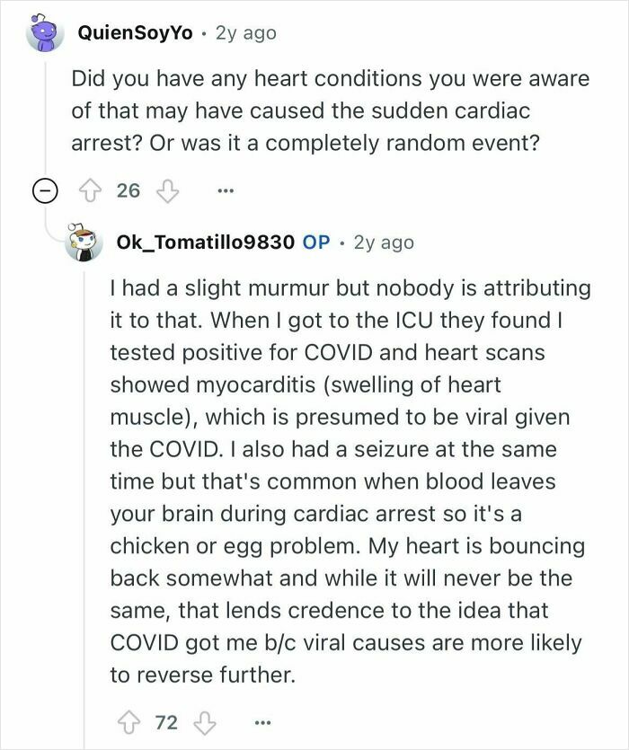 Reddit Q&A showing woman who survived cardiac arrest and myocarditis after COVID, answering people's health-related questions.