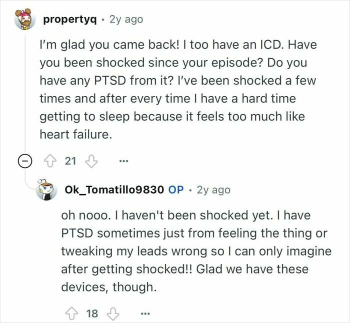 Reddit user with ICD discusses PTSD symptoms and experiences relating to heart failure after near-death event and recovery.