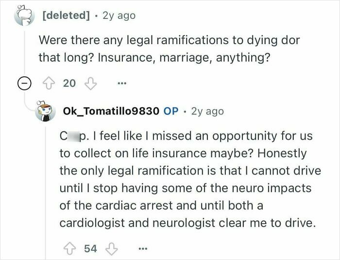 Reddit Q&A discussing legal and health impacts after a woman who died for 24 minutes shares her experience.
