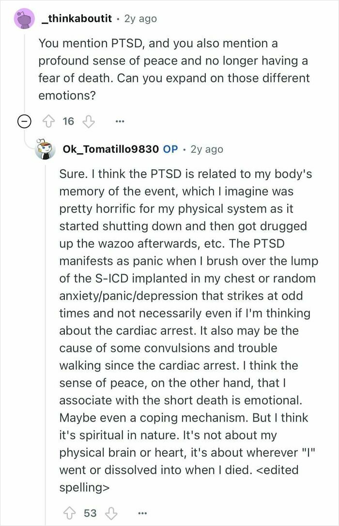 Screenshot of a Reddit conversation discussing PTSD and emotions after a near-death experience with cardiac arrest.