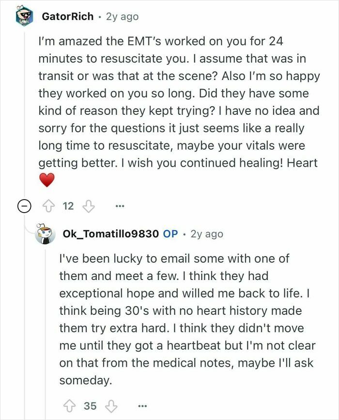 Reddit conversation where woman who died for 24 minutes explains how EMTs resuscitated her with hope and persistence.