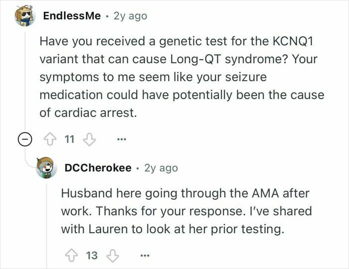 Reddit conversation discussing genetic testing related to cardiac arrest in a woman who died for 24 minutes.