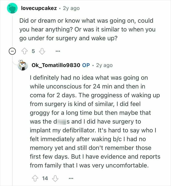 Reddit conversation with a woman who was unconscious for 24 minutes answering questions about her experience.