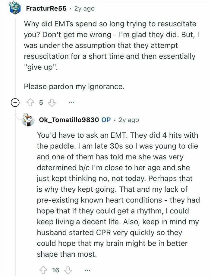 Reddit user answering questions about her experience with EMTs resuscitating a woman who died for 24 minutes.