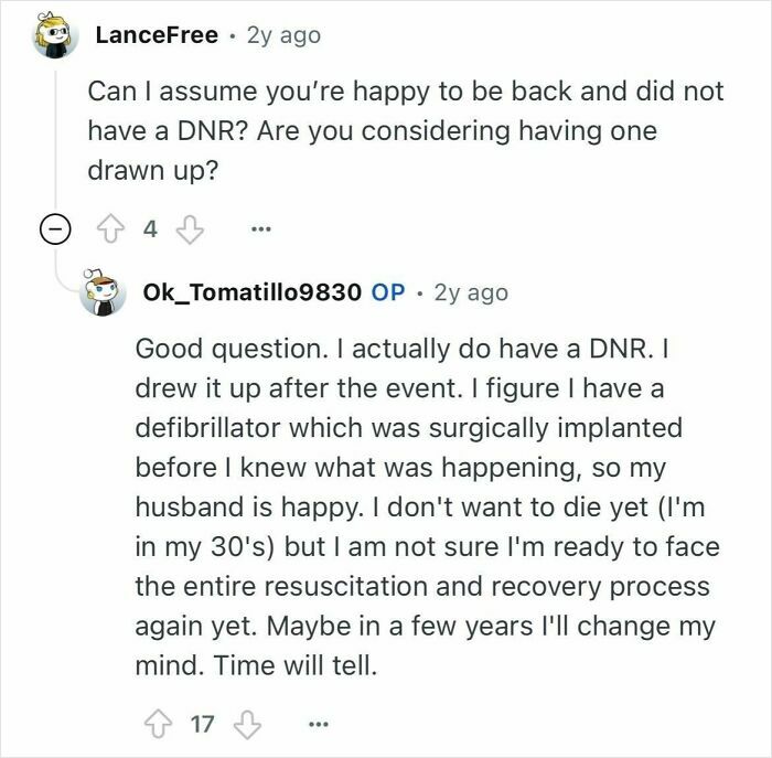 Reddit user discusses DNR and defibrillator after surviving being dead for 24 minutes in a Q&A session.