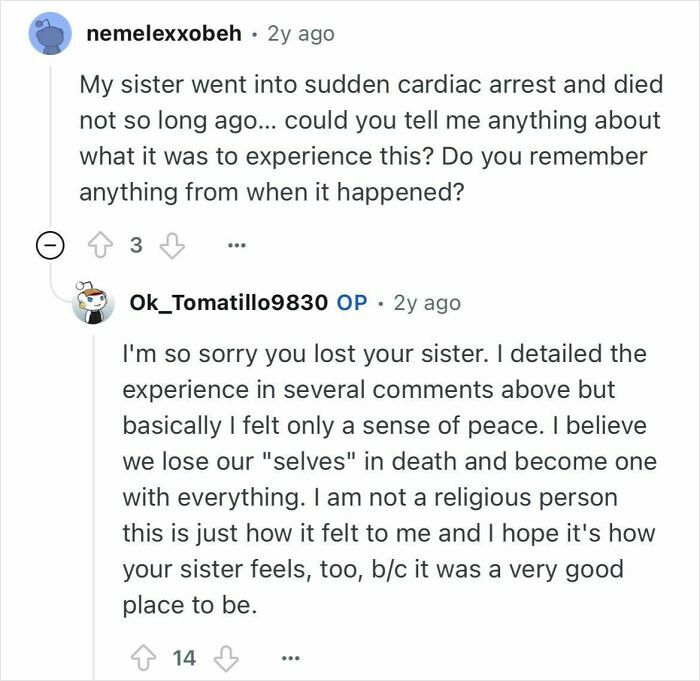 Reddit user shares experience of near-death peace after cardiac arrest, answering questions about dying and afterlife feelings.
