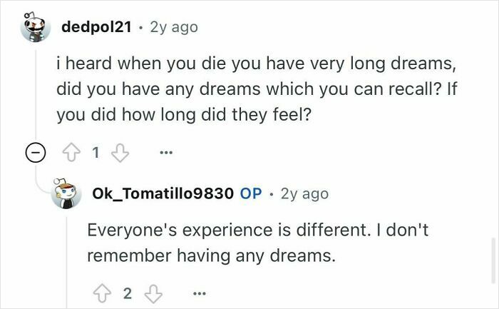 Reddit exchange showing a woman who died for 24 minutes answering questions about her dream experiences.