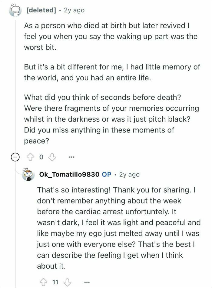 Reddit users discuss experiences of a woman who died for 24 minutes and shares memories before cardiac arrest.