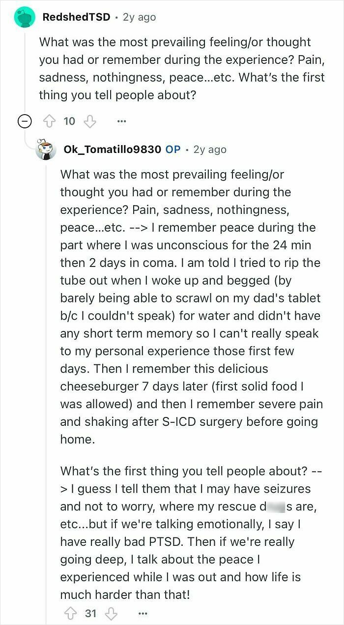 Reddit user describing feelings and memories during being unconscious for 24 minutes, answering questions about near-death experience.