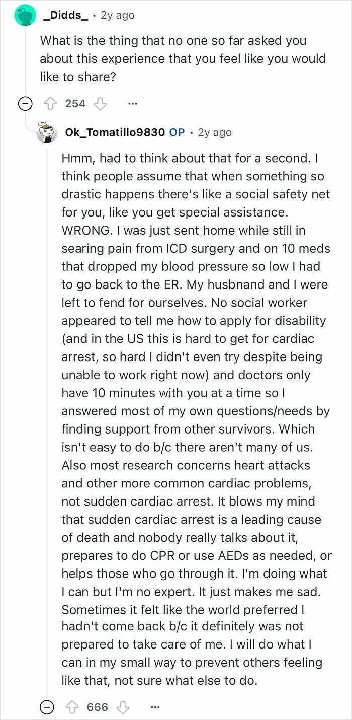 Reddit user sharing personal experience after surviving sudden cardiac arrest with no social support or proper care.