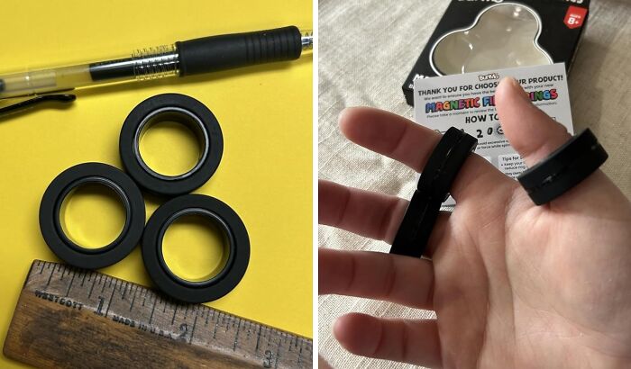 Three black magnetic fidget rings on yellow background with ruler and pen, and rings worn on fingers as cool gifts idea.