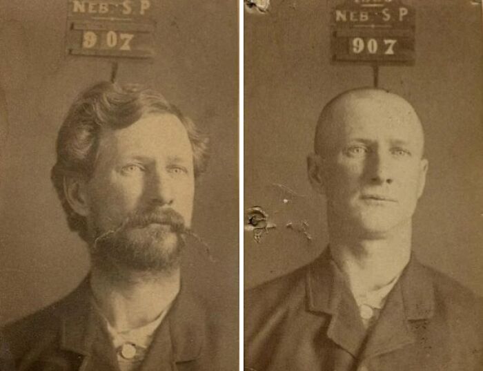 Two historical mugshots of men with identification tags, showcasing intriguing stories behind vintage mugshots.