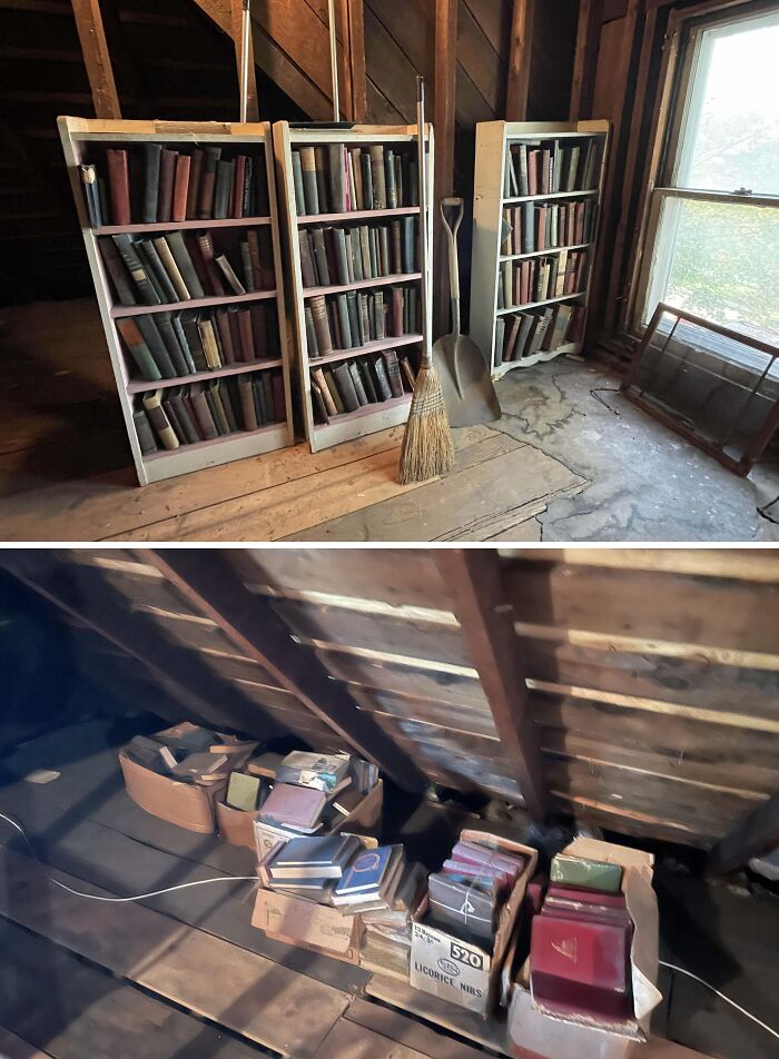 Old books stored in attic and shelves under floor boards, an intriguing find in an old home discovery.