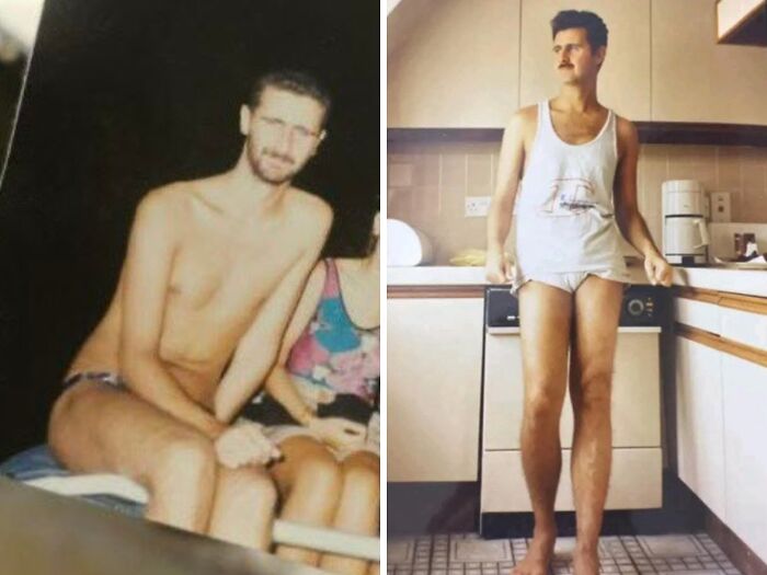 Two vintage photos showing men in minimal clothing, illustrating unexpected finds like a fossil under the floor boards.
