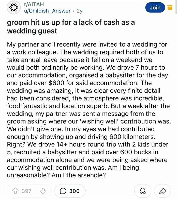 Reddit post showing a groom's entitled message demanding a wishing well contribution from wedding guests.
