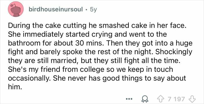 Text post describing a groom's sense of entitlement smashing cake in bride's face, leading to fights and ongoing marital strife.