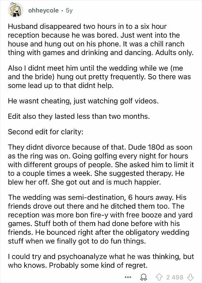 Screenshot of a Reddit post exposing a groom’s sense of entitlement for leaving his own wedding reception early.