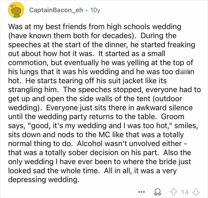 Alt text: Text describing a groom exposed for his sense of entitlement by demanding changes during wedding speeches due to feeling too hot.