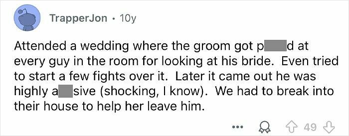 Screenshot of a Reddit post revealing a groom’s entitled behavior by confronting guests over looks at his bride.