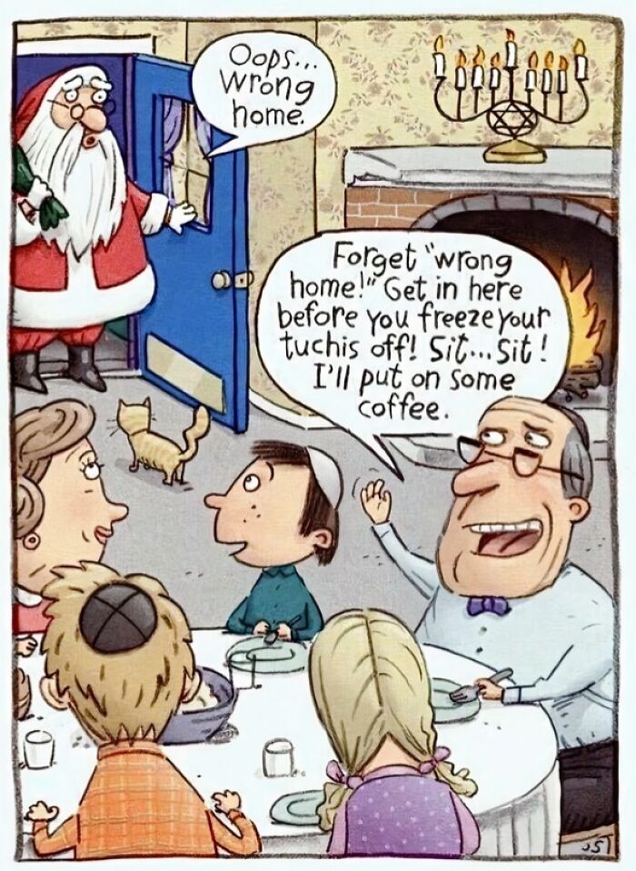 Cartoon showing cringy boomer jokes with Santa entering the wrong home and family inviting him in by the fireplace.