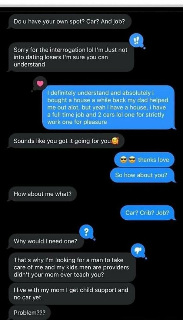 Screenshot of a weird internet conversation where users discuss jobs, cars, and living situations with unusual replies.