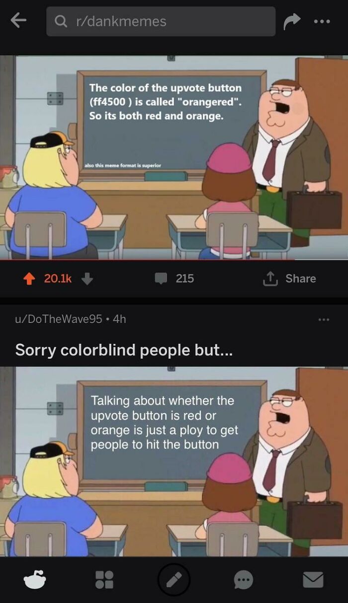 Screenshot of a meme discussing the weird internet topic of the upvote button color as an example of internet weirdness.