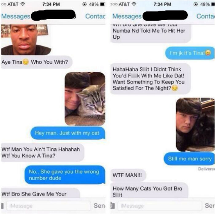 Screenshot of a weird text conversation where mistaken identity leads to funny cat photos shared online.
