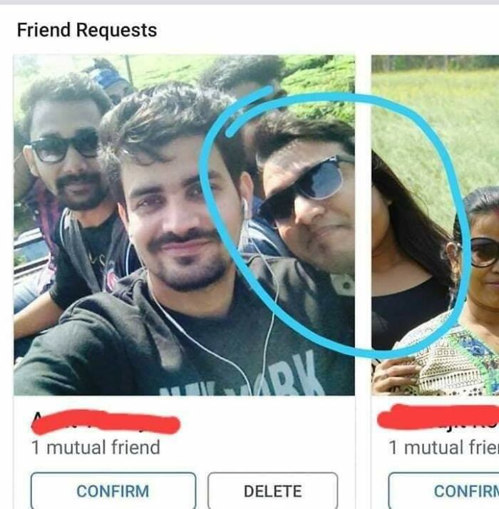 Screenshot of an unusual friend request showing a split image with a person partially hidden behind another in a weird internet moment.