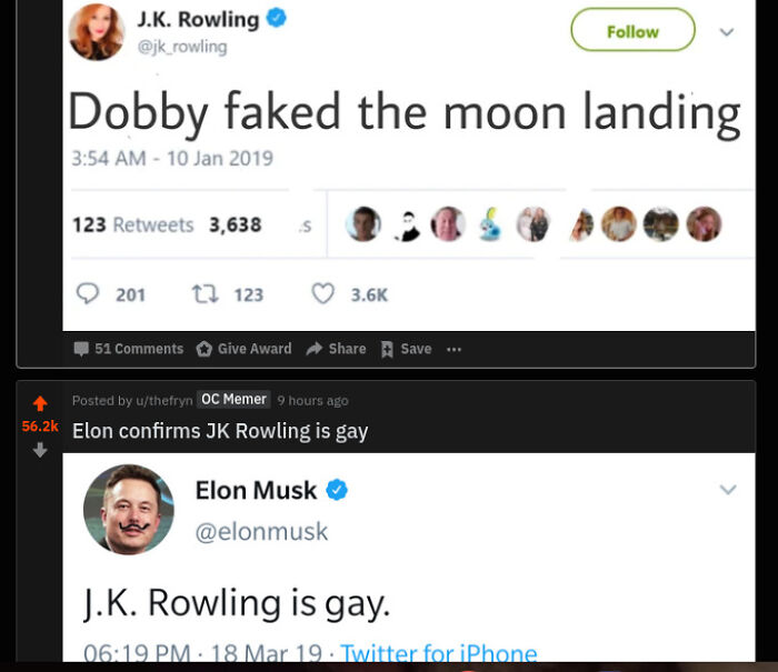 Screenshot of weird internet tweets involving JK Rowling and Elon Musk shared on a forum for bizarre moments.