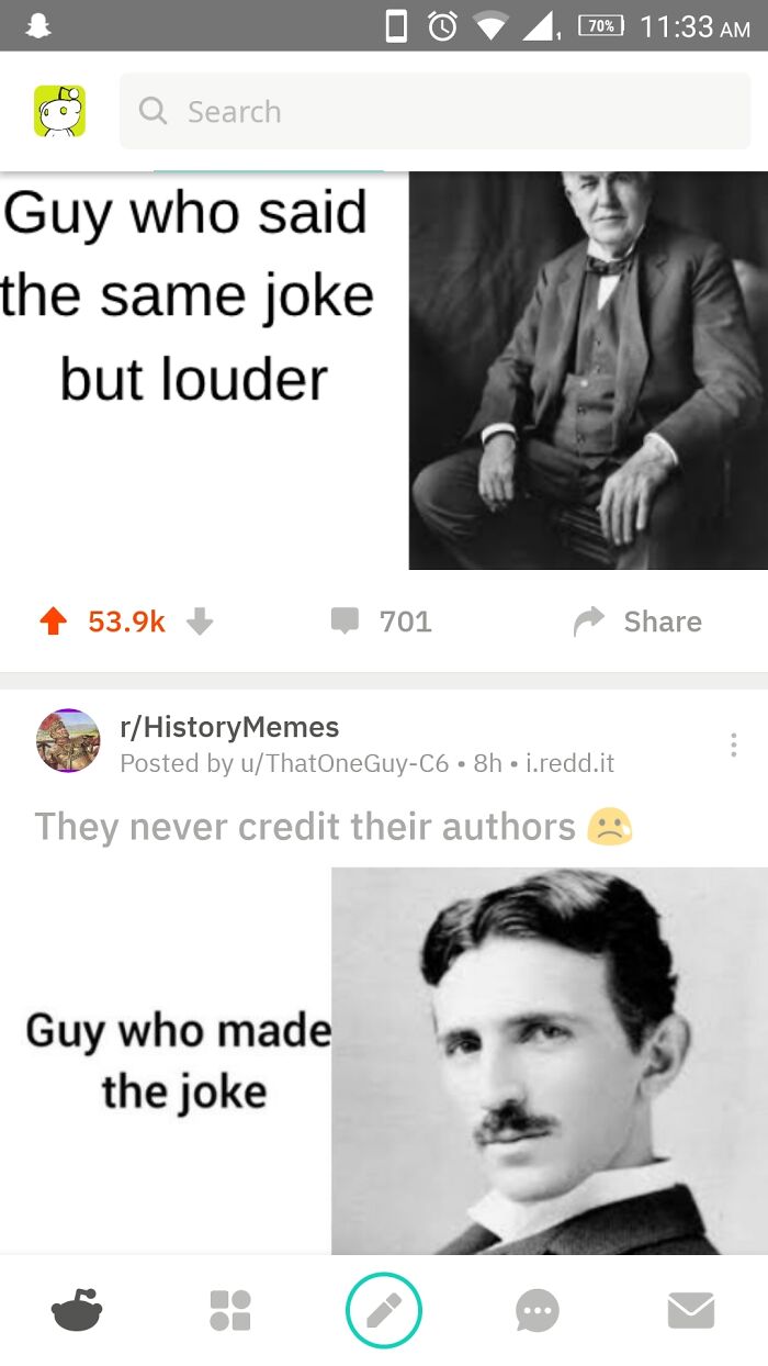 Screenshot of a Reddit post featuring history memes about the origin and repetition of jokes on the internet.