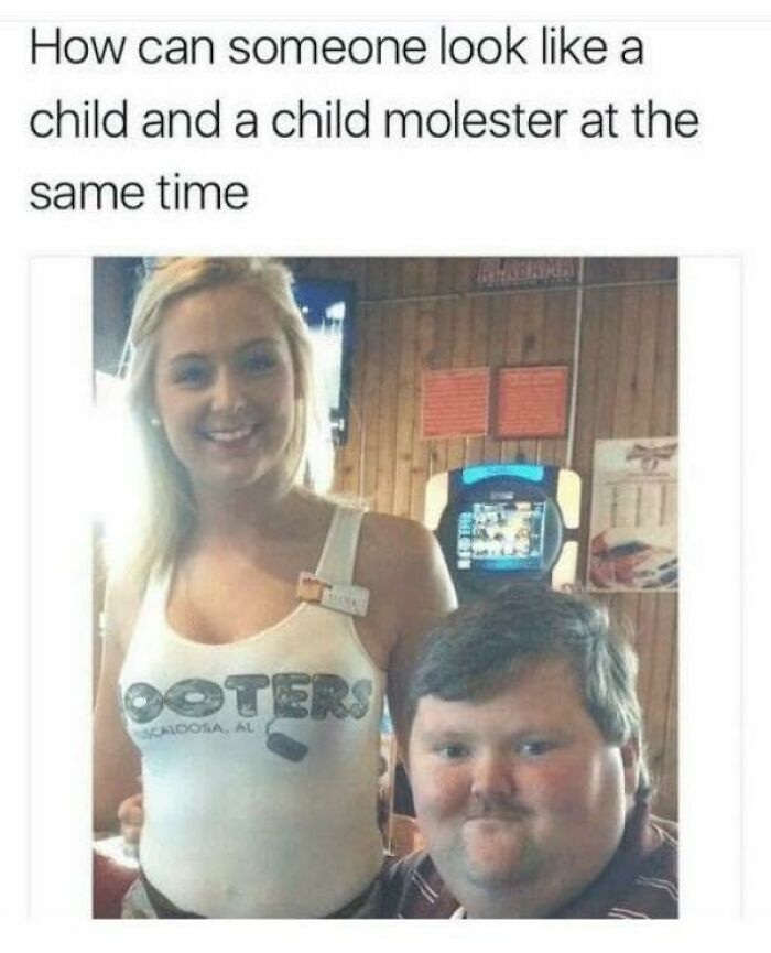 Photo of a woman in a Hooters uniform and a man with a caption highlighting weird internet moments captured in screenshots.