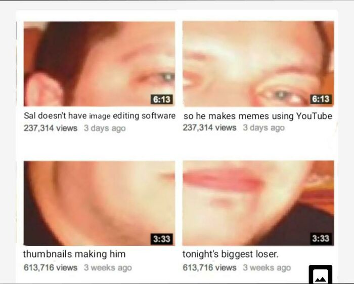 Close-up meme thumbnails of a man's face, highlighting weird internet moments captured in screenshots.