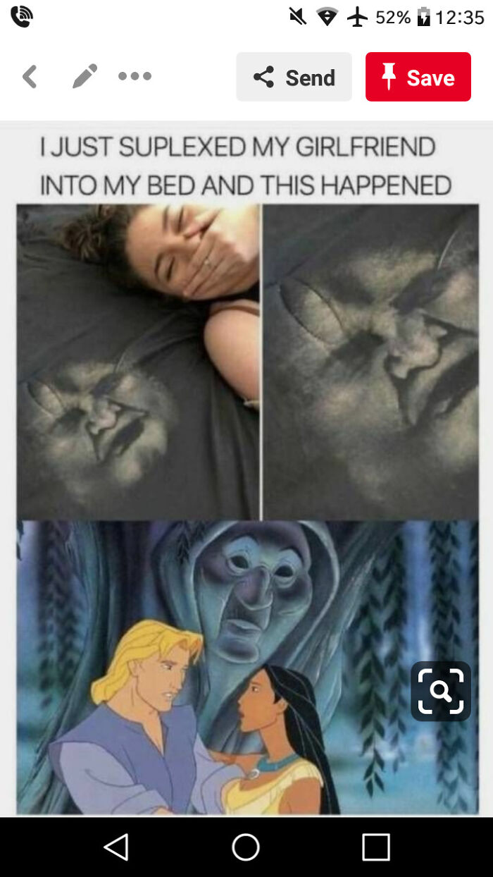 Surprised girlfriend lying on bed with face imprint, paired with Pocahontas movie scene, showing weird internet moments screenshot.