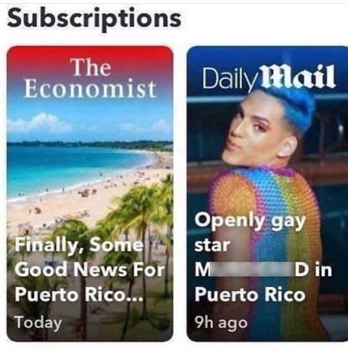 Split image showing two subscription headlines about Puerto Rico, highlighting contrasting news from The Economist and Daily Mail.