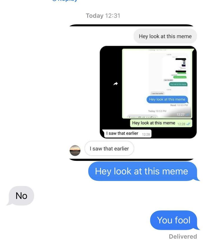 Screenshot of a recursive meme conversation showing internet weirdness where users repeatedly share the same meme screenshot.