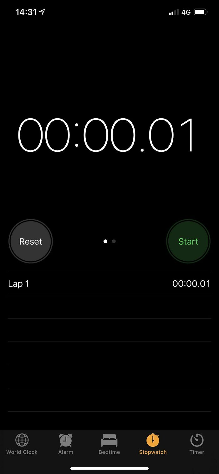 Smartphone stopwatch app paused at 00:00.01 seconds, illustrating a weird internet moment captured in a screenshot.
