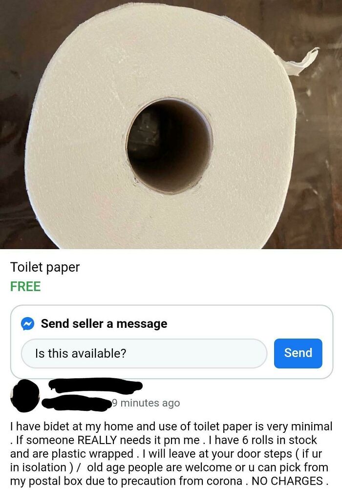 Rolled toilet paper offered for free with a message about availability and safe pickup during isolation shared online as a weird screenshot.