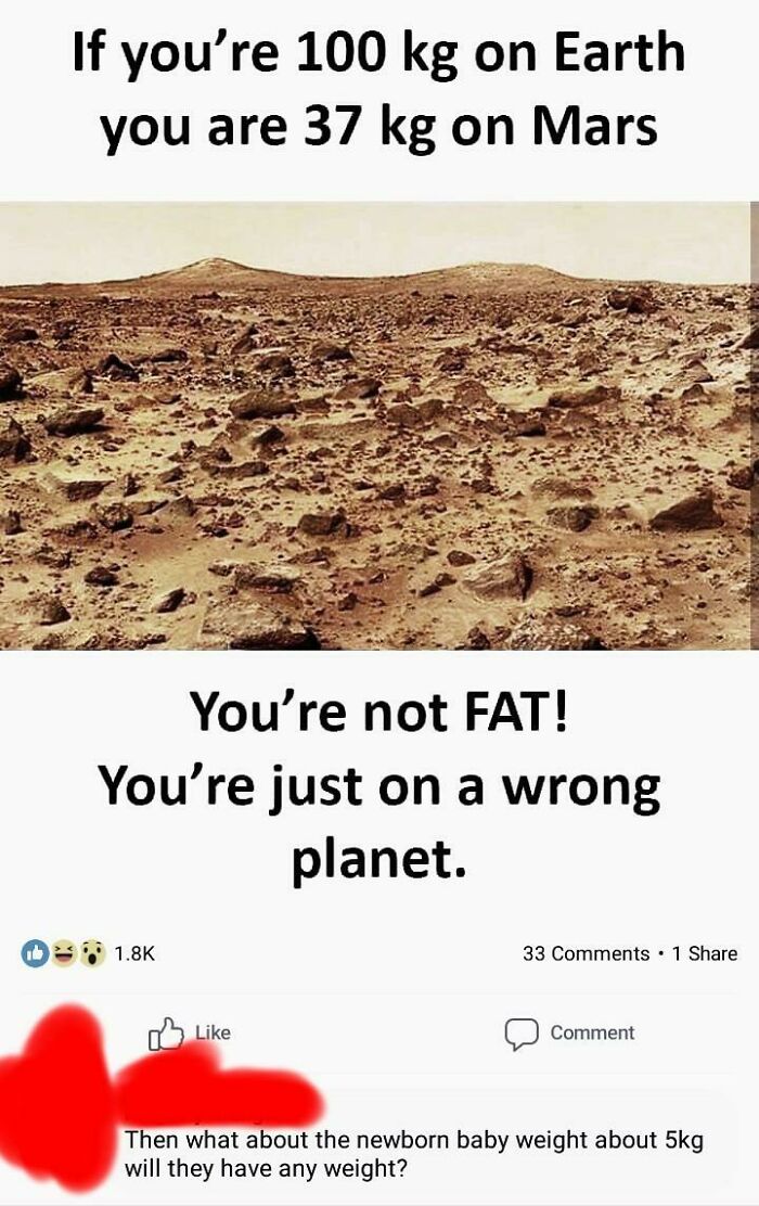 Screenshot showing a funny internet meme about weight on Mars and a humorous online comment, part of weird internet posts.