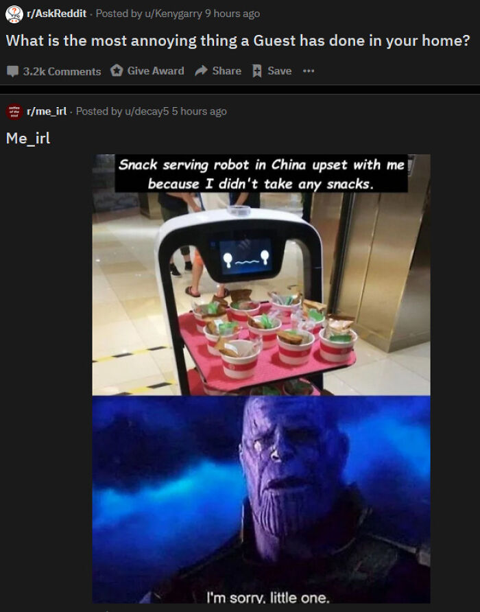 Screenshot of a weird internet moment featuring a snack-serving robot upset and a Thanos meme with a sad expression.