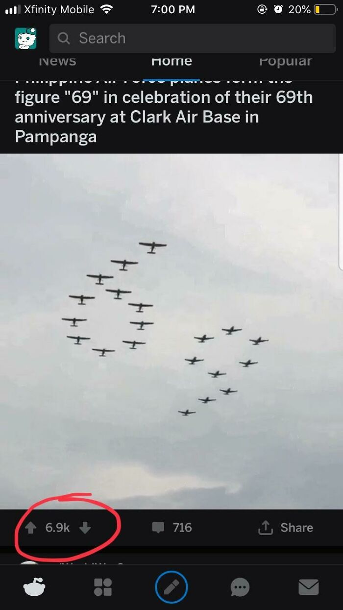 Planes flying in formation creating the figure 69, captured in a screenshot from a weird internet moment post.