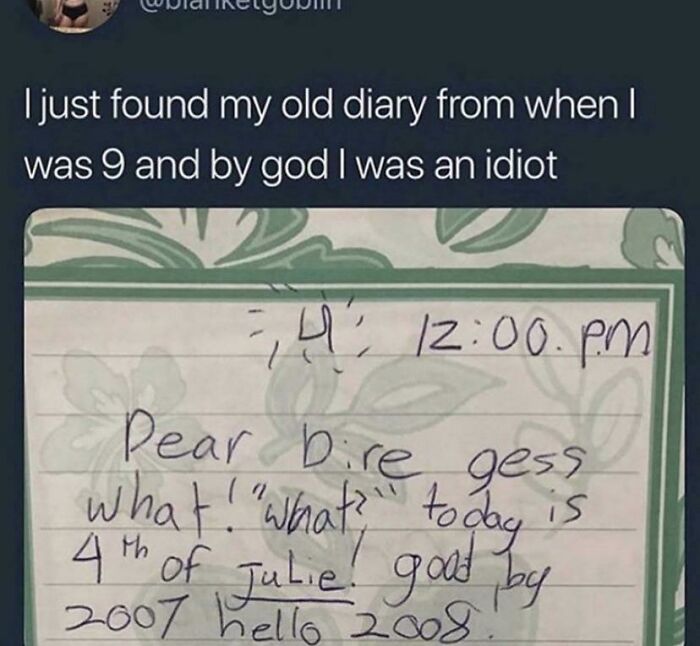 Screenshot of a funny old diary entry showing internet weirdness and childhood innocence with handwritten notes.