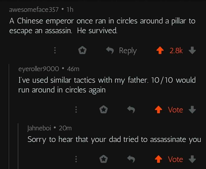 Screenshot of a weird internet conversation with users humorously discussing running in circles to escape an assassin.