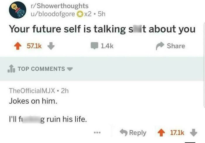 Screenshot of a weird internet post and comment from r/Showerthoughts showing funny user interaction on social media.