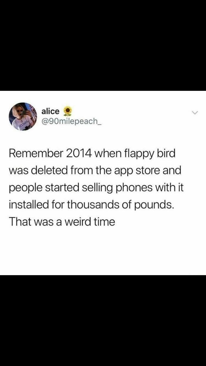 Screenshot of a tweet recalling the weird internet moment when Flappy Bird was removed and phones with it sold for thousands.