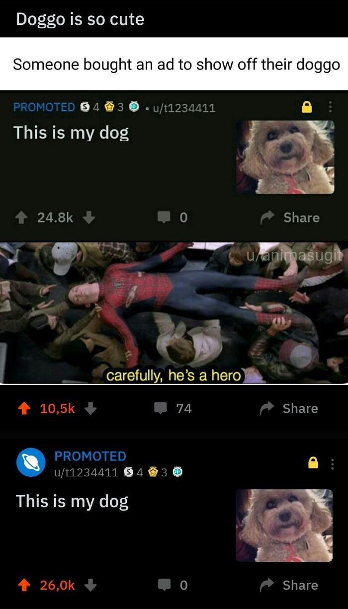 Screenshot of a funny internet post showing a promoted ad of a cute dog with a Spider-Man meme caption.